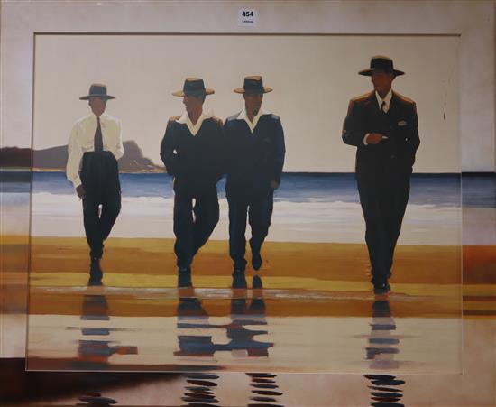 After Jack Vettriano, colour print, Gentleman on the beach, overall 80 x 100cm